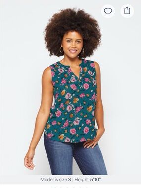 Sleeveless Mixed Material Teal Floral Split-Neck Top